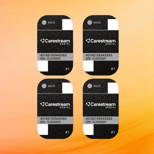 Four size 1 Carestream CS7600 smart plates from 360 Visualise, showcasing their thin, flexible, and cable-free design for high-resolution dental imaging.