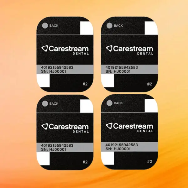Four size 2 Carestream CS7600 smart plates from 360 Visualise, showcasing a thin, flexible, and cable-free design optimized for quick, high-resolution dental imaging.