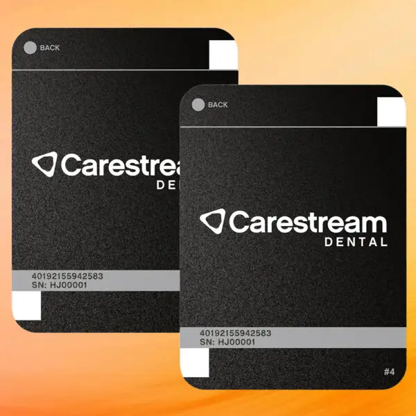 Two size 4 Carestream CS7600 smart plates from 360 Visualise, showcasing a thin, flexible, and cable-free design optimized for quick, high-resolution dental imaging.