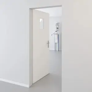 White primed leaded door with 200x300mm leaded viewing window