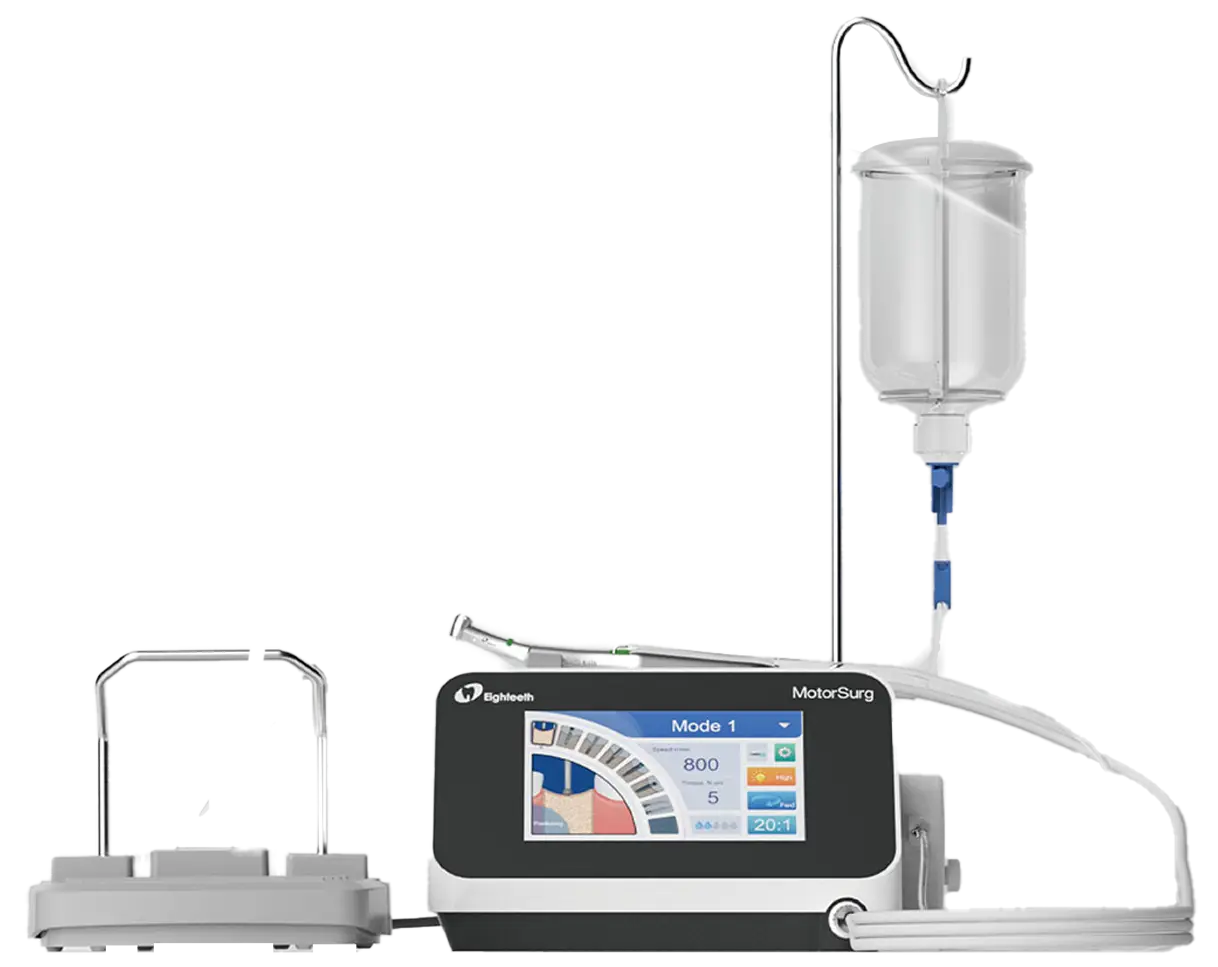 Eighteeth MotorSurg implant motor with touchscreen console, foot pedal and LED contra-angle handpiece