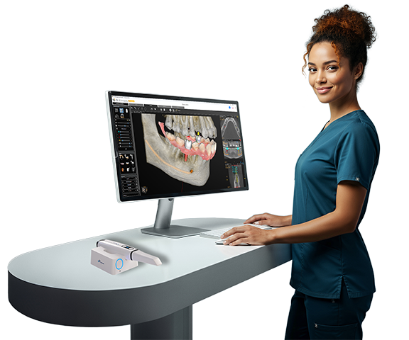 Dental imaging software showing a detailed CBCT scan with a clinician at a workstation
