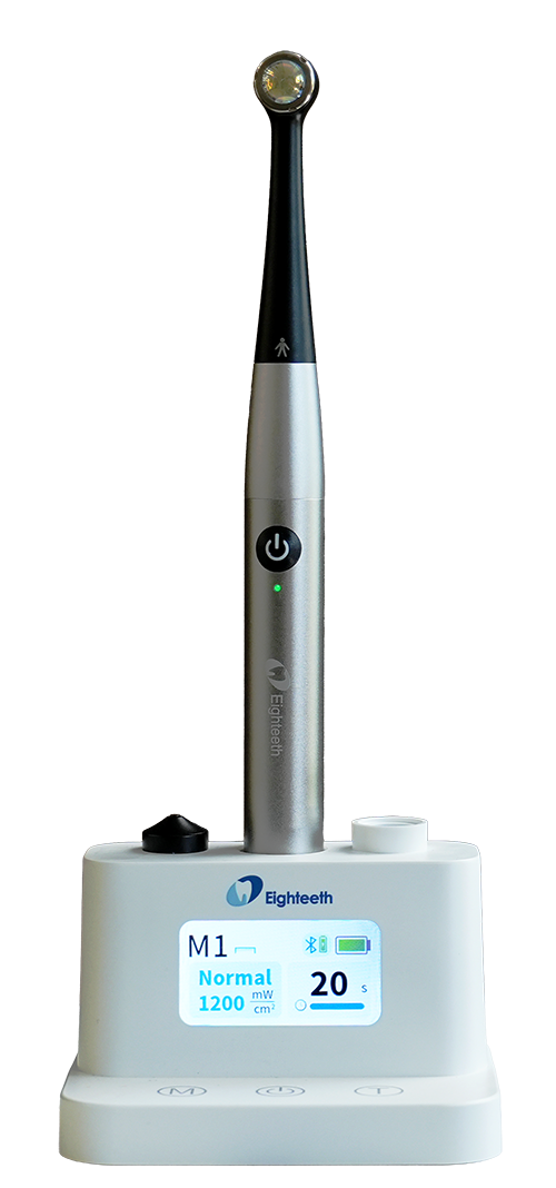 Eighteeth Curing Pen X LED curing light with 2-inch colour touchscreen and charging base with built-in light meter