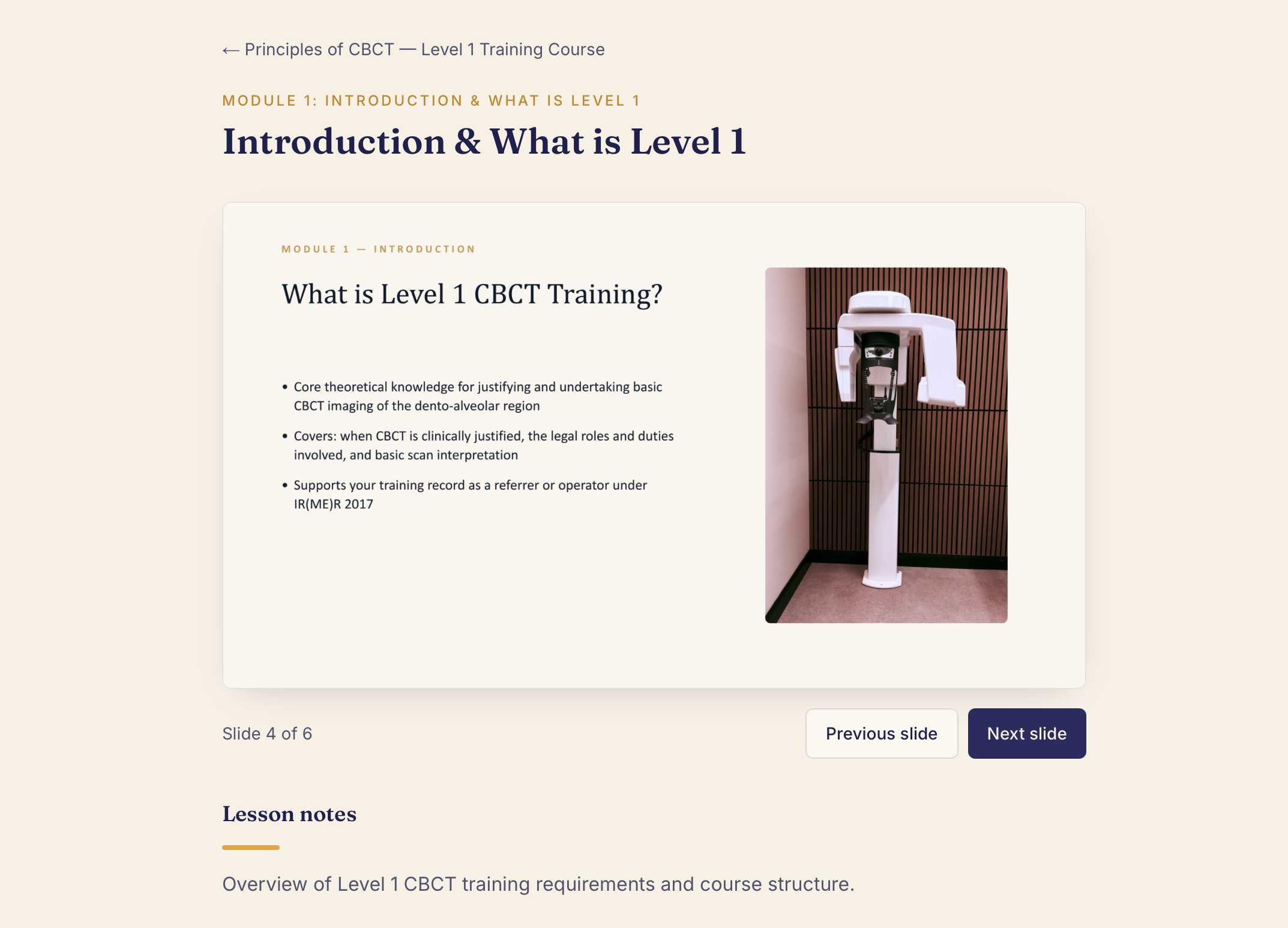 A slide from the Principles of CBCT Level 1 course