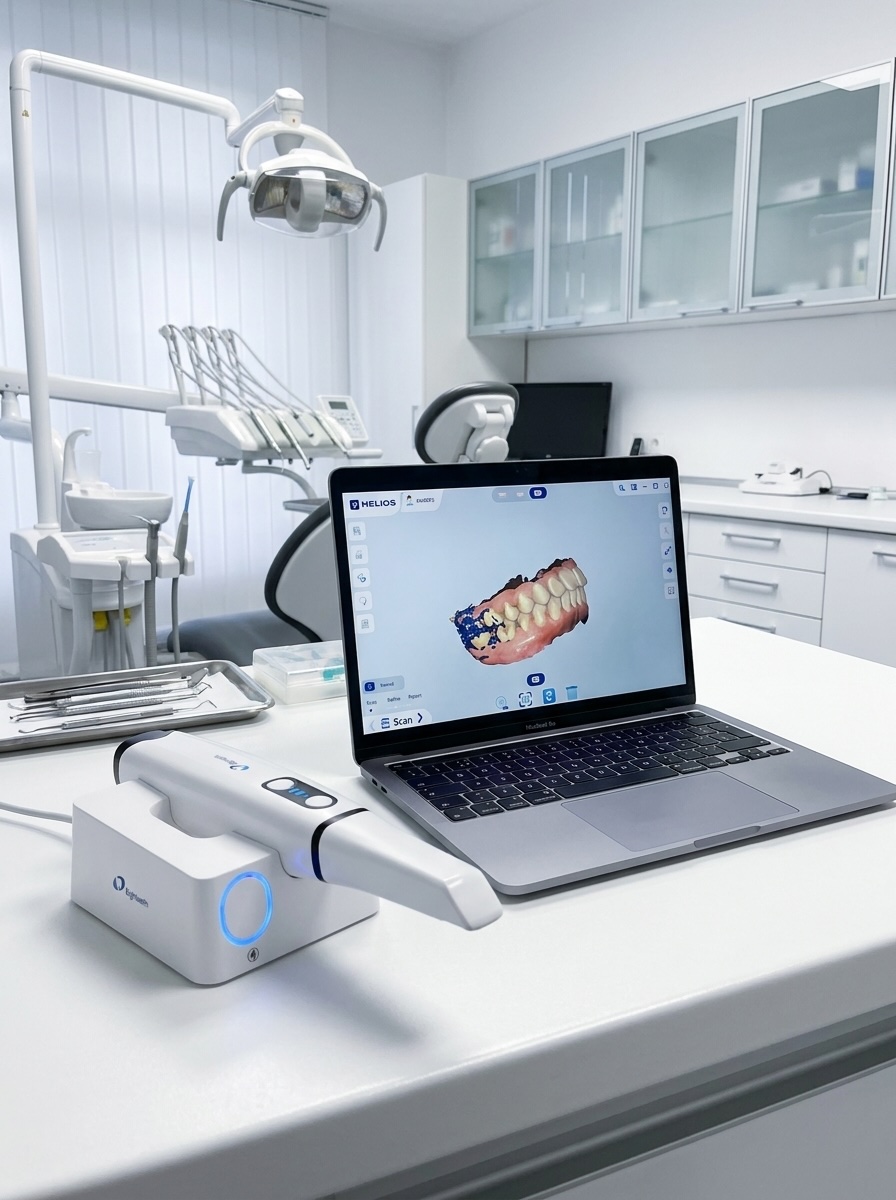 Helios 700 scanner and laptop set up on a surgery worktop