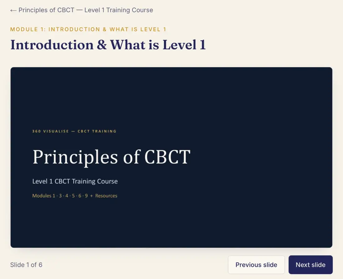 Level 1 CBCT online course lesson player