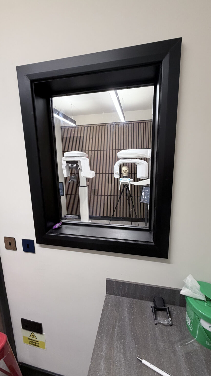 Leaded viewing window looking into the CBCT scanning room