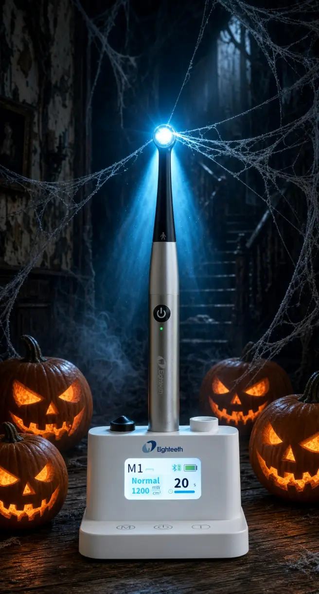 Eighteeth Curing Pen X on its charging base, lit up among Halloween pumpkins and cobwebs