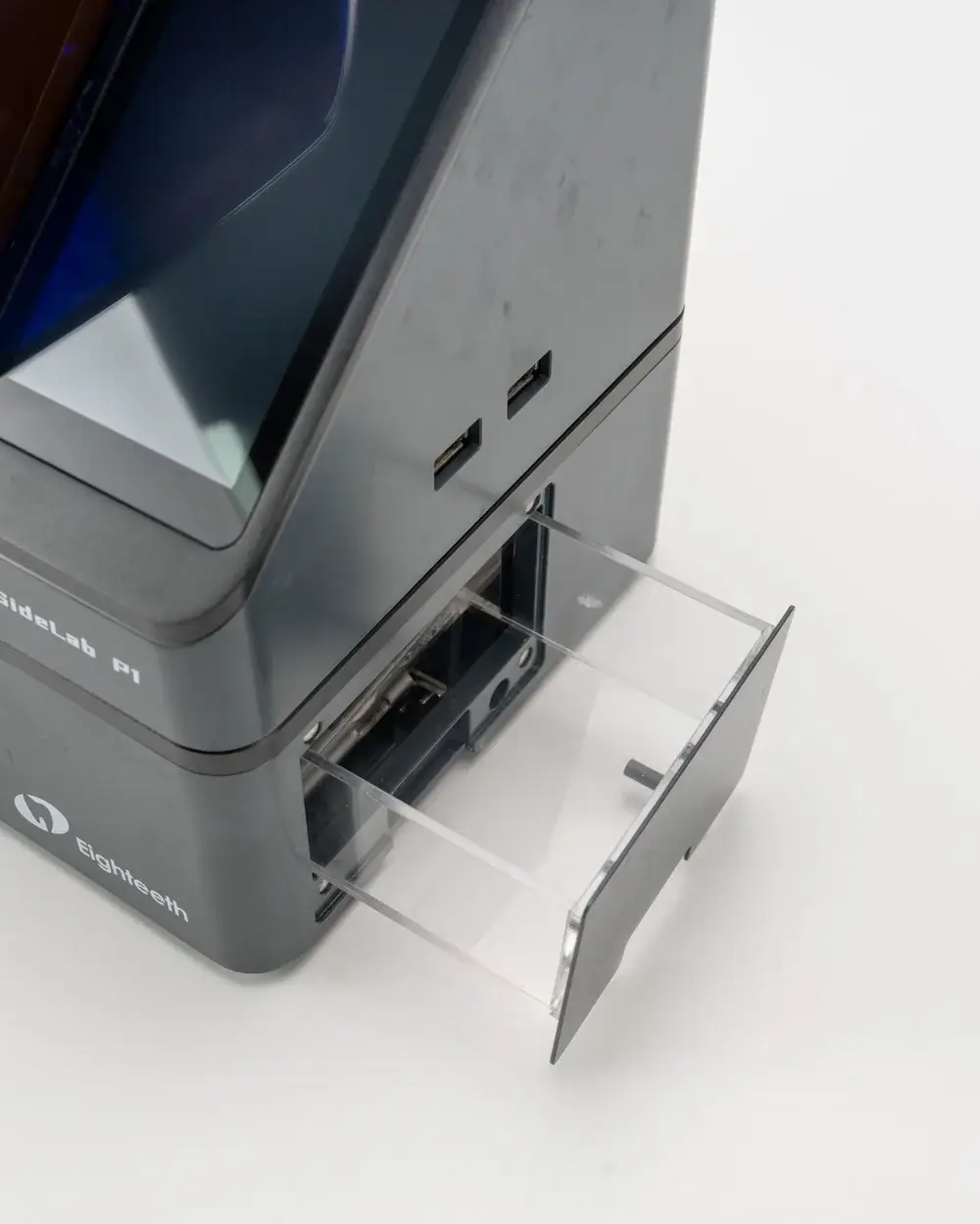 The SideLab P1 built-in curing drawer, open